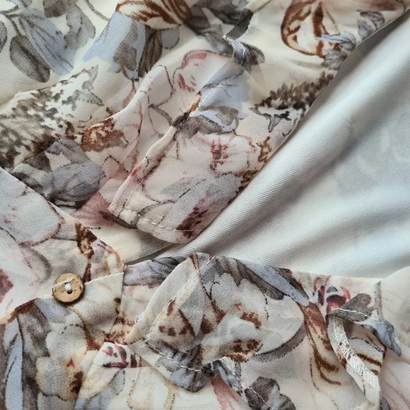 Ally Size 12 Womens V-Neck Cream Grey Sheer Puff Long Sleeves Floral Cropped Top - Picture 6 of 11